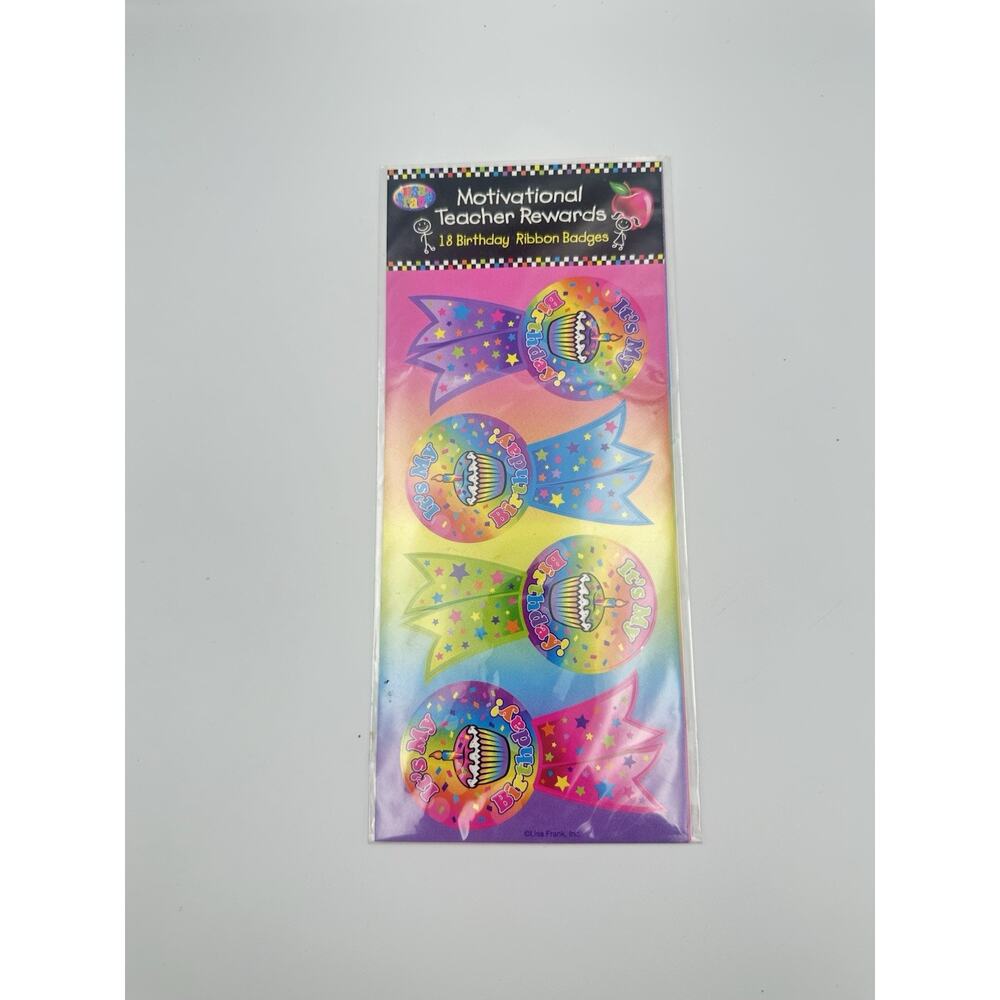 Lisa Frank Birthday Ribbon Badge Stickers 18 Count NOS Rainbow Cupcake Design